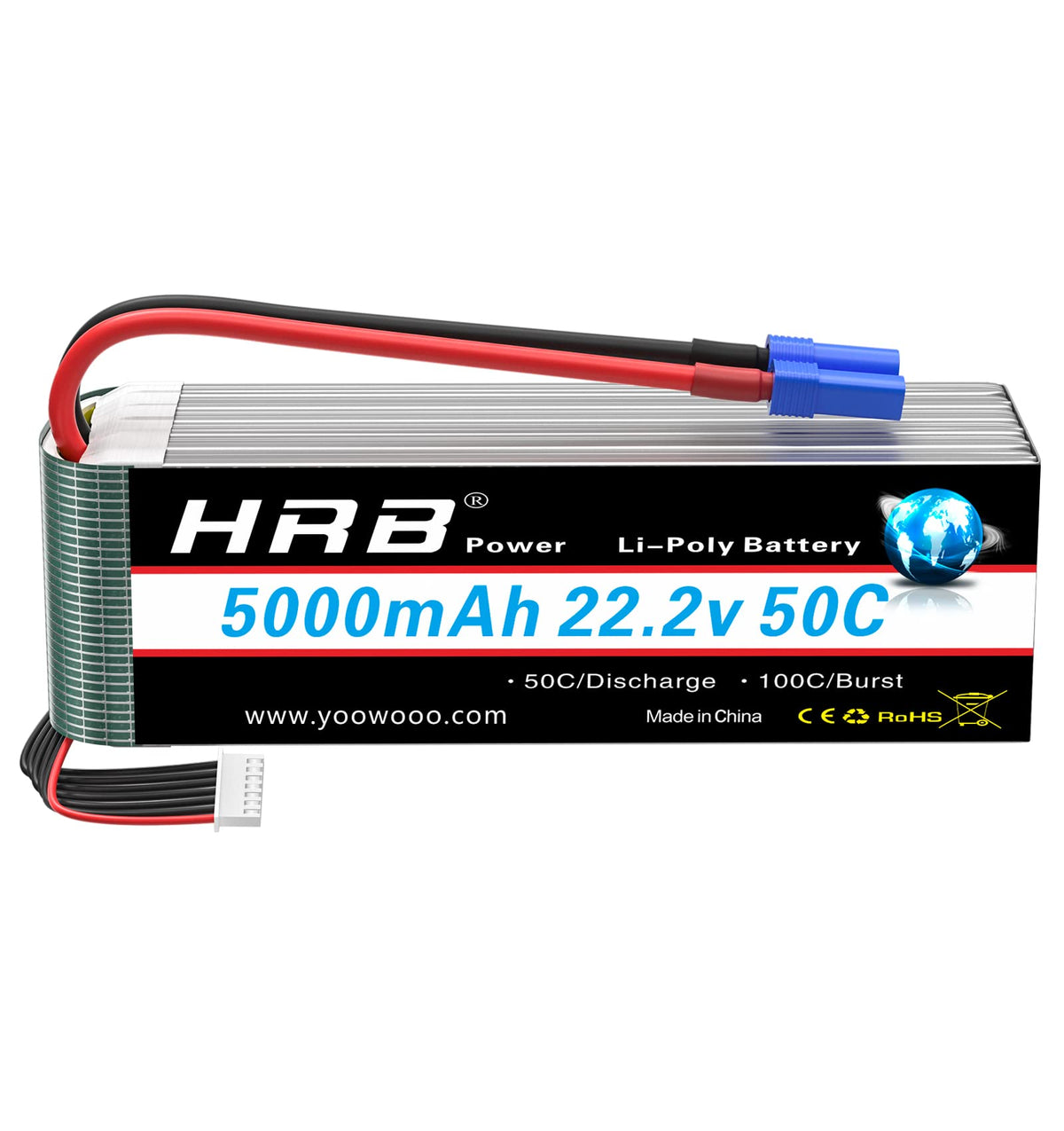 HRB POWER HRB 6S 5000mAh EC5 soft-case battery viewed from top, ideal for RC aircraft.