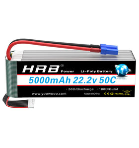 HRB POWER HRB 6S 5000mAh EC5 soft-case battery viewed from top, ideal for RC aircraft.