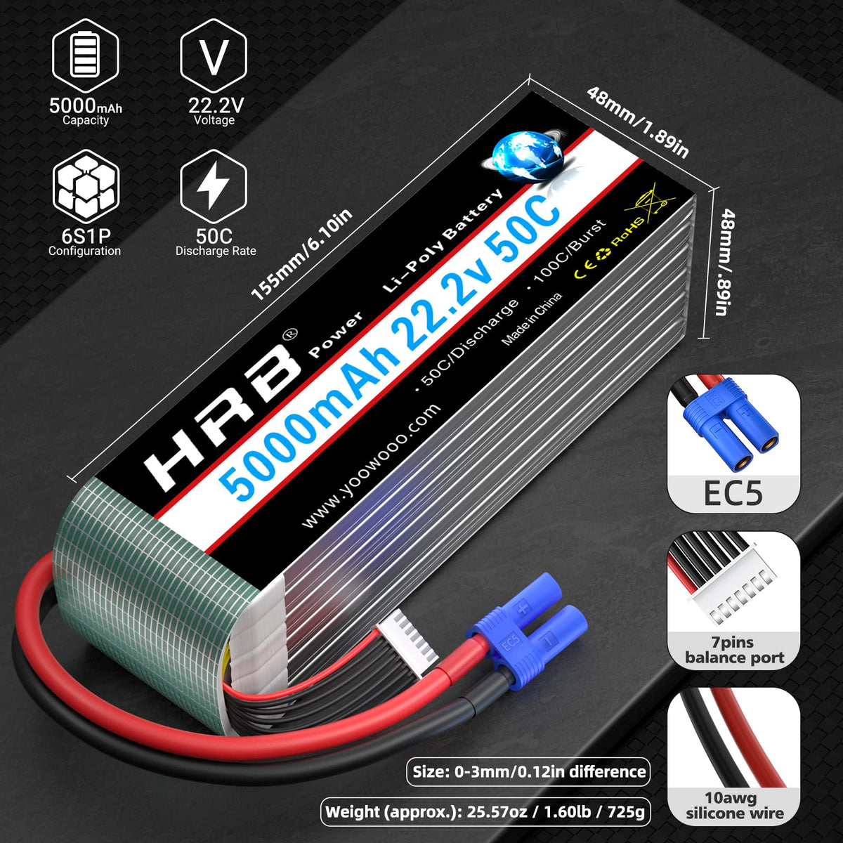 HRB POWER RC airplane setup with 6S 5000mAh for extended endurance.