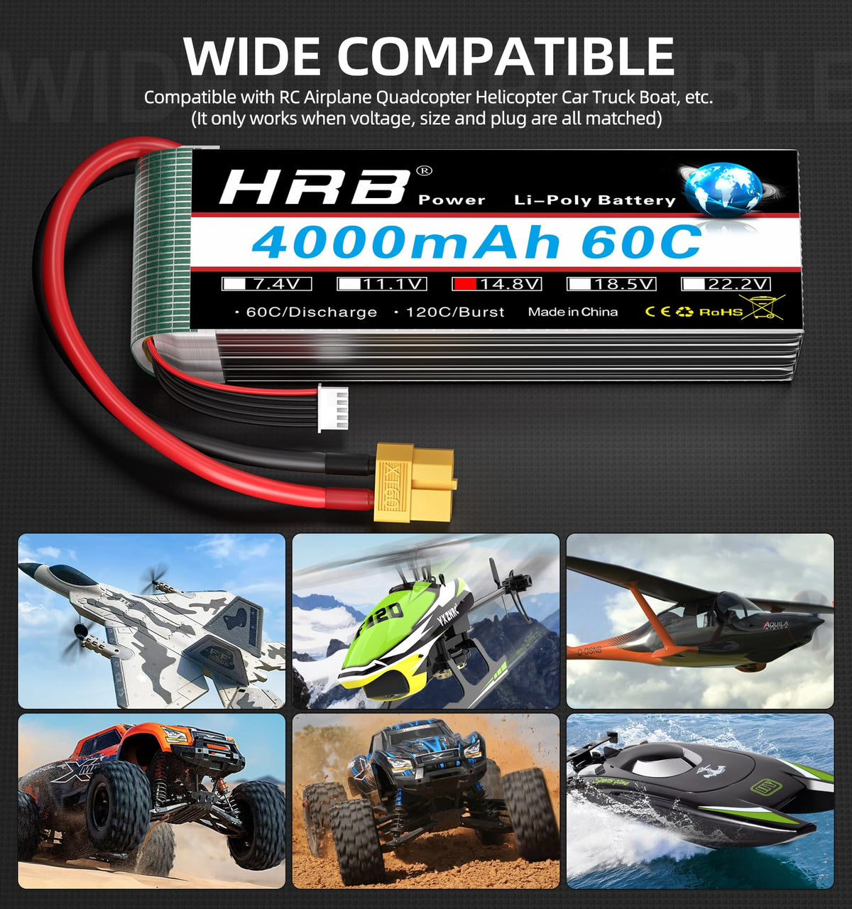 HRB POWER 4S 4000mAh LiPo battery packaged for RC boat and car use.