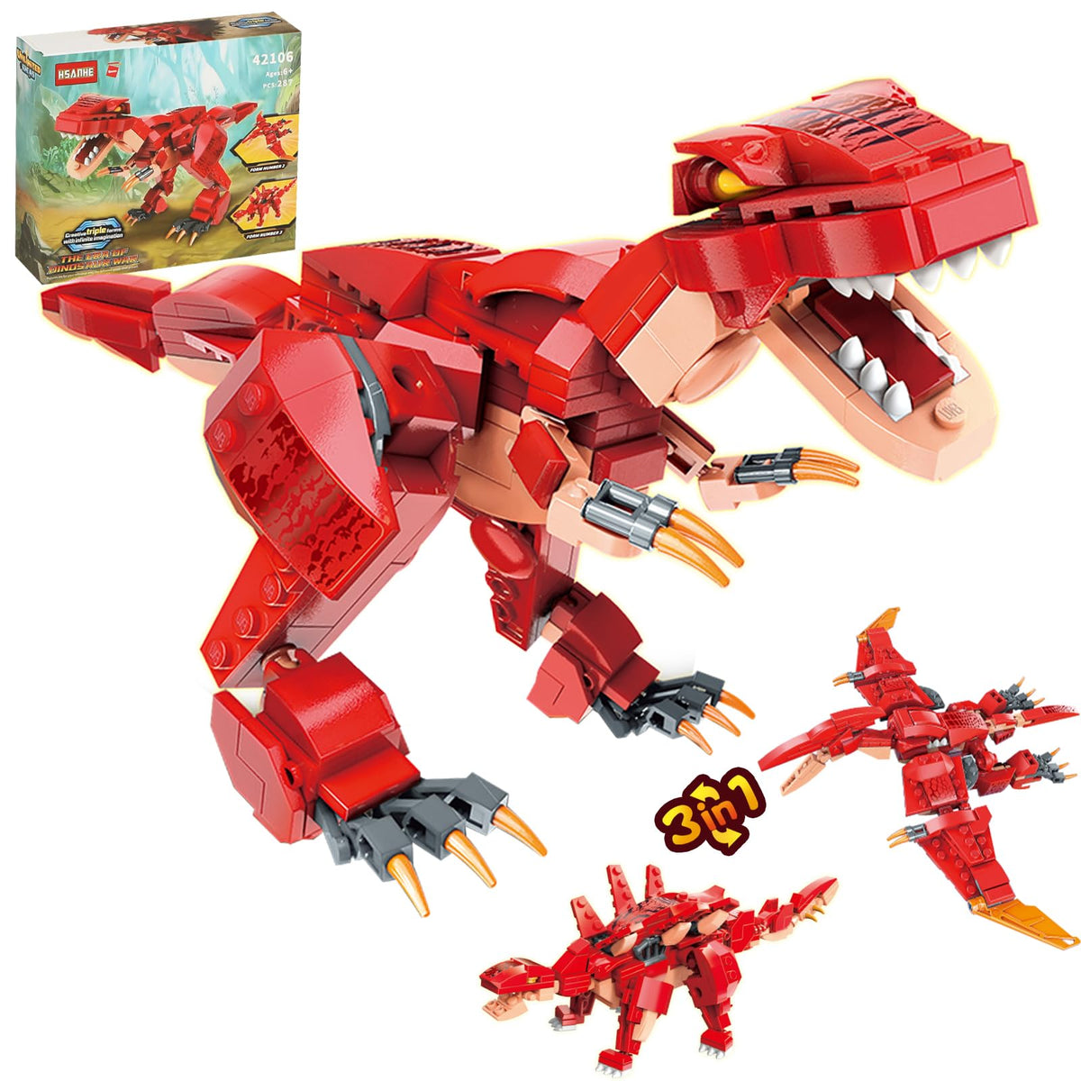 HSANHE STEM 3-in-1 dinosaurs kit with red bricks for hands-on learning and imaginative play