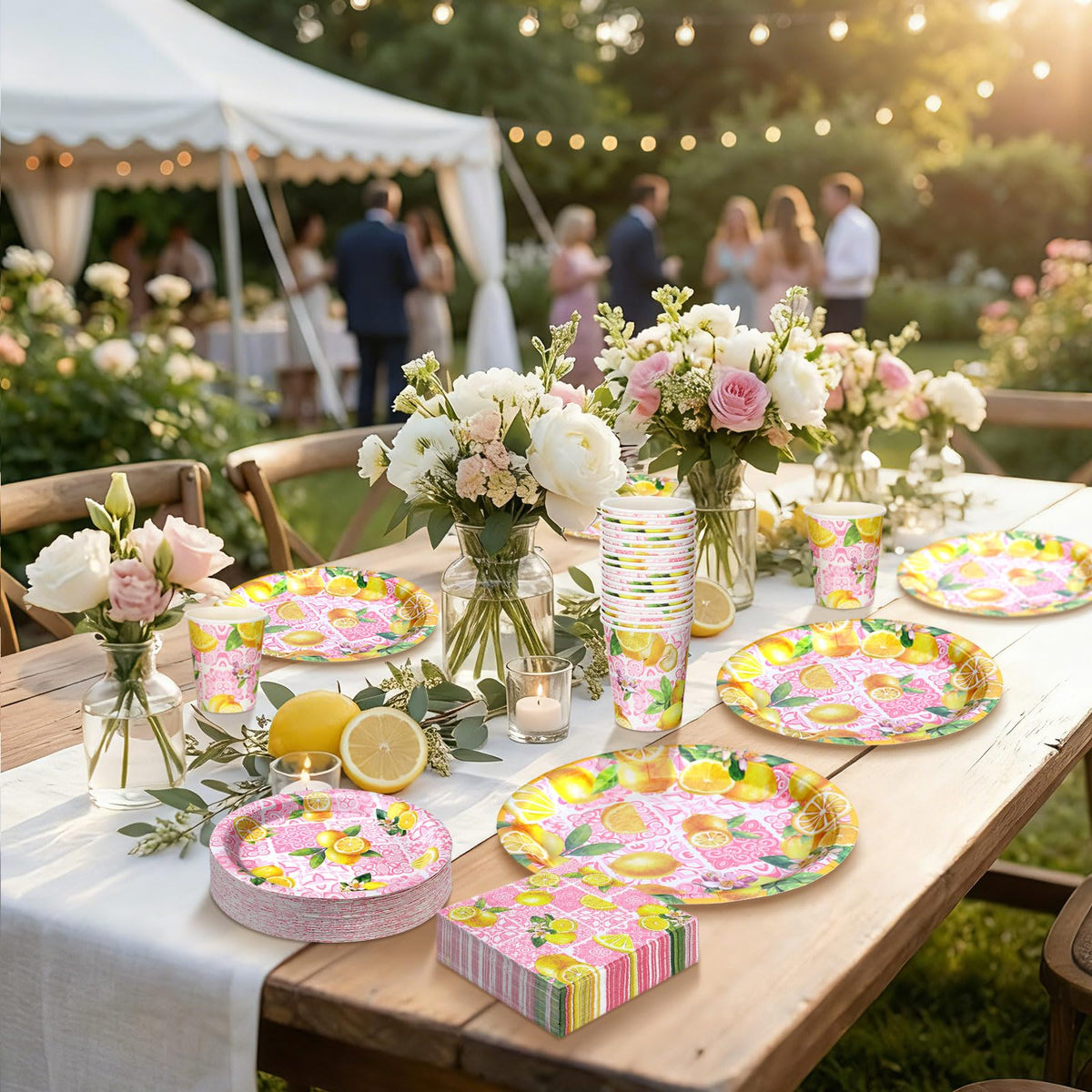 Hsei pink lemon tableware set shown as complete disposable decor