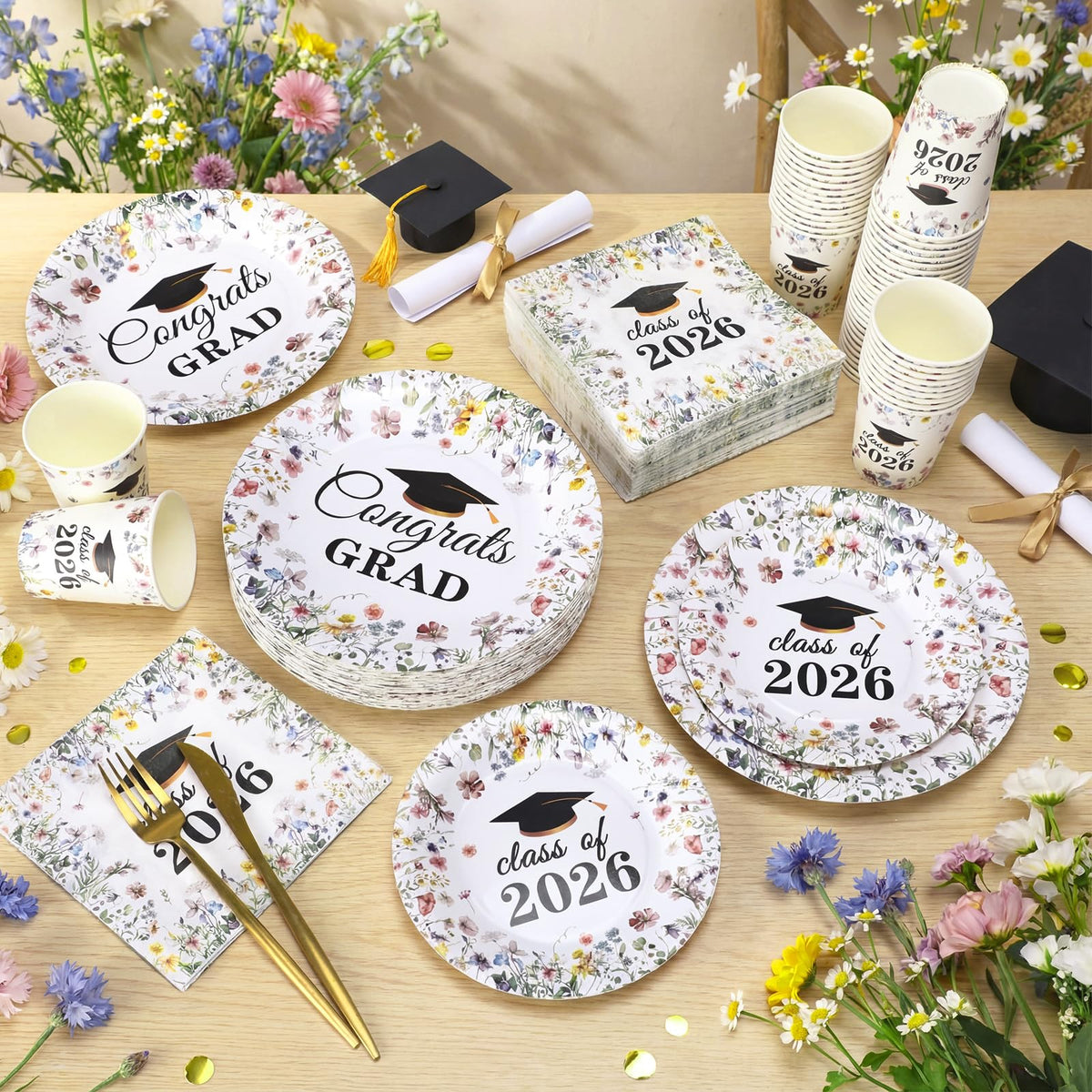Hsei wildflower graduation dessert plates featuring floral motif for colorful dessert displays