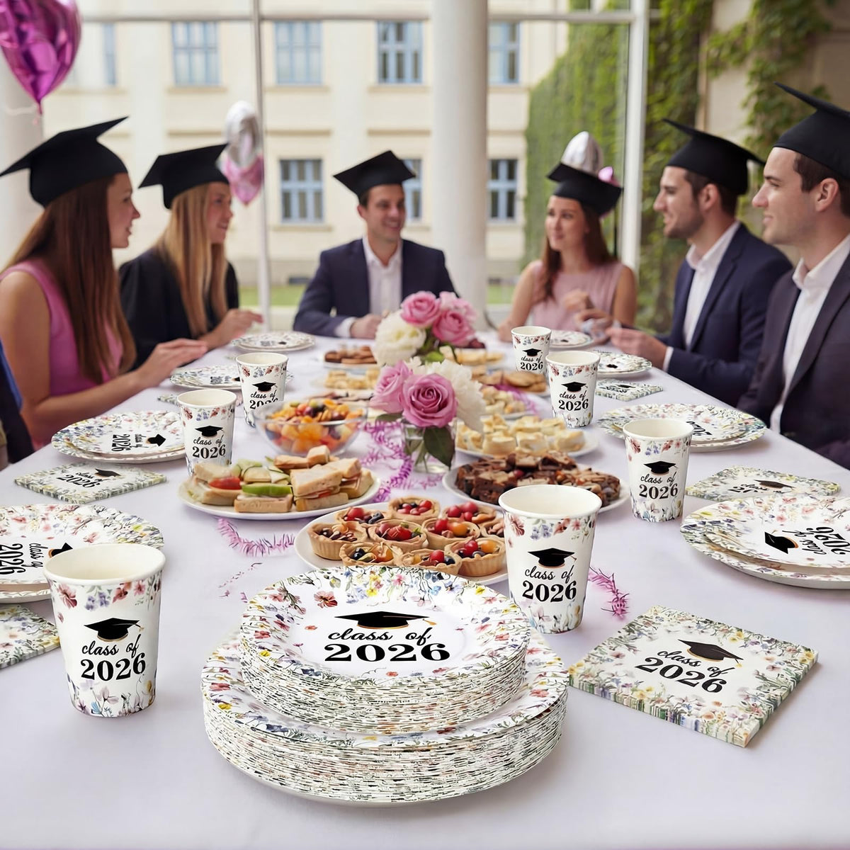 Hsei wildflower graduation set showing complete disposable tableware solution