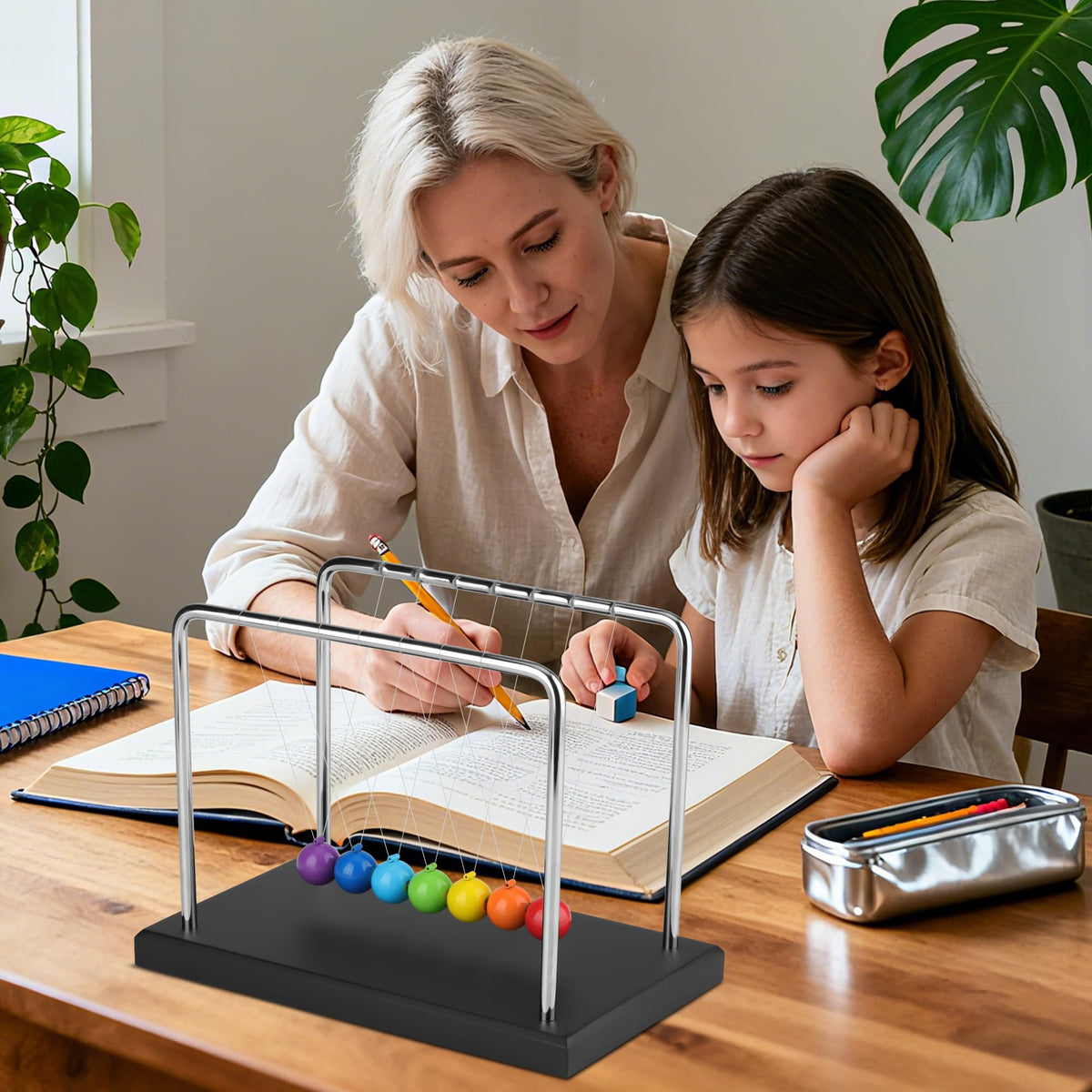 HSRBO Newtons Cradle adds modern decor and interactive learning.