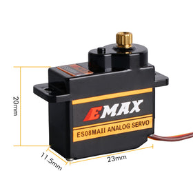 HTRC EMAX ES08MA II 12g servo micro-gear detail emphasizes metal durability.