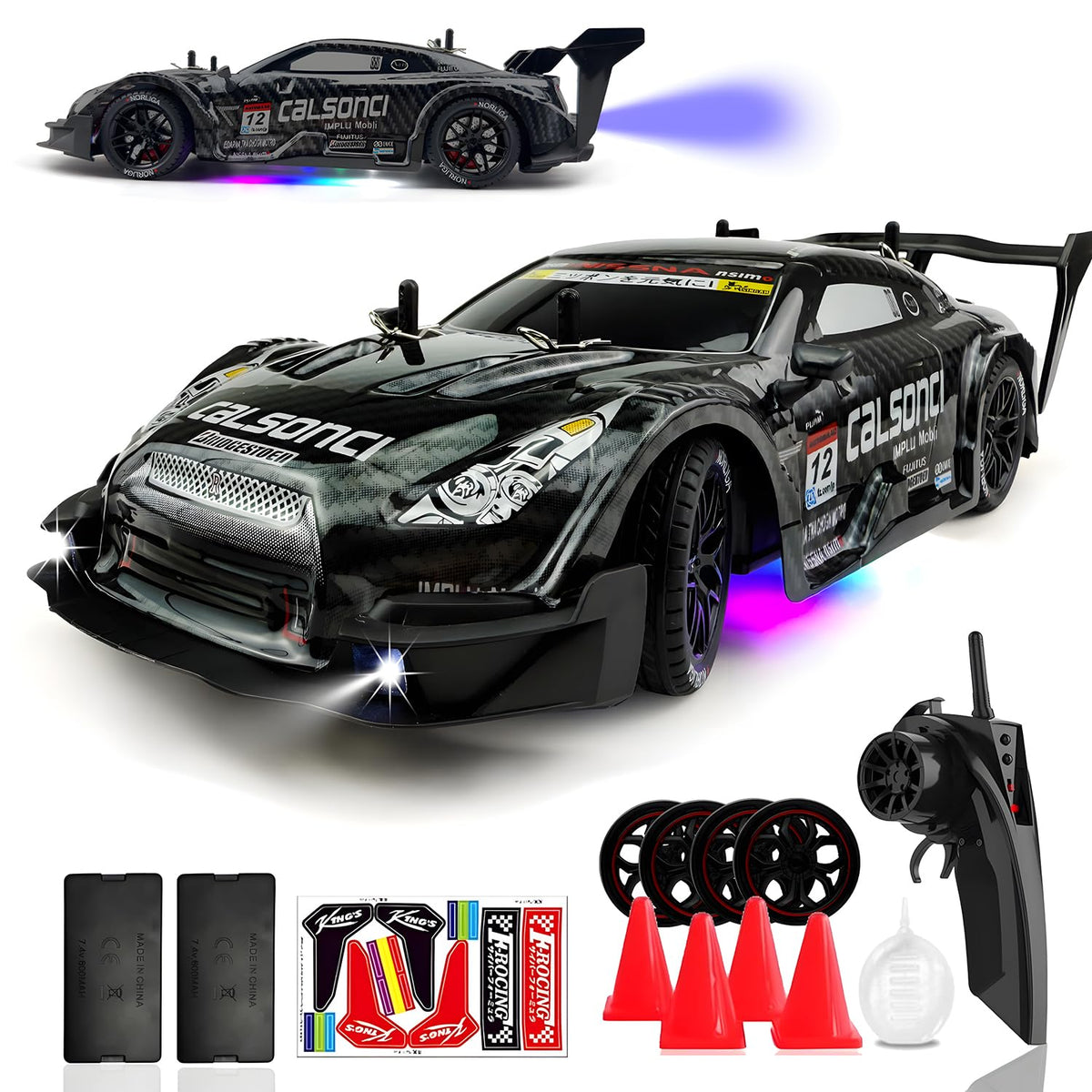 HTURCCOP 1:16 drift car front view with LED lights for nighttime racing.