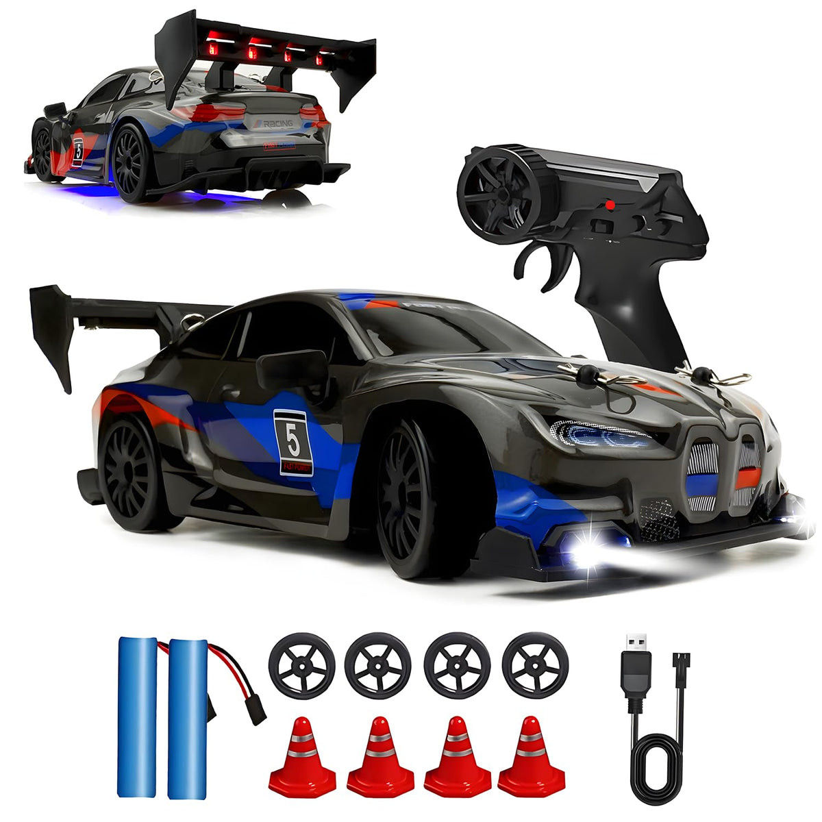 HTURCCOP RC drift car front view shows bold black body ready to race