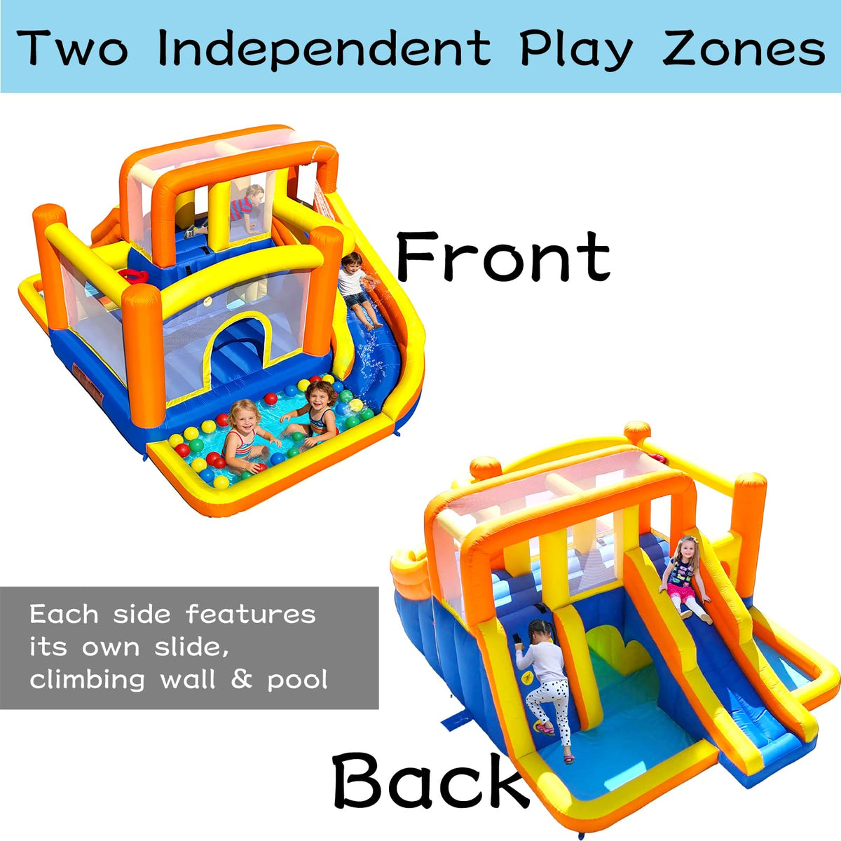 HuaKastro extra large dual-zone water bounce house – back view, independent zones for group fun