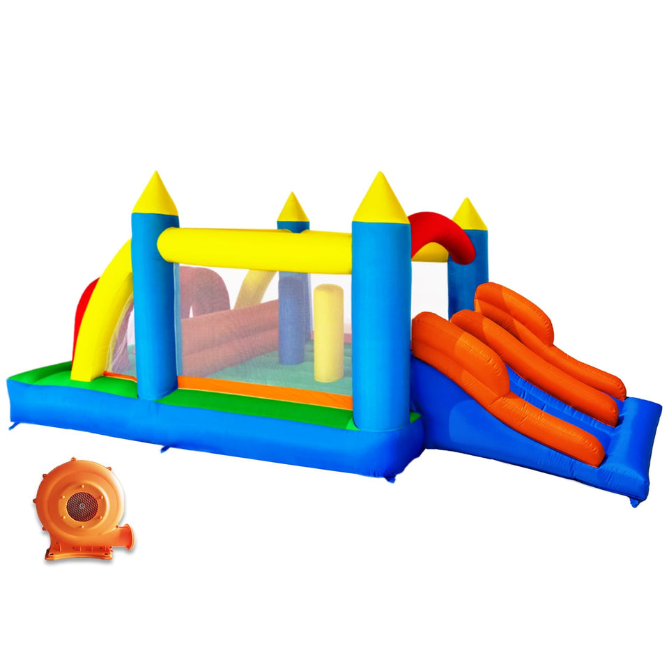 HuaKastro obstacle bounce house with dual slides providing energetic outdoor play