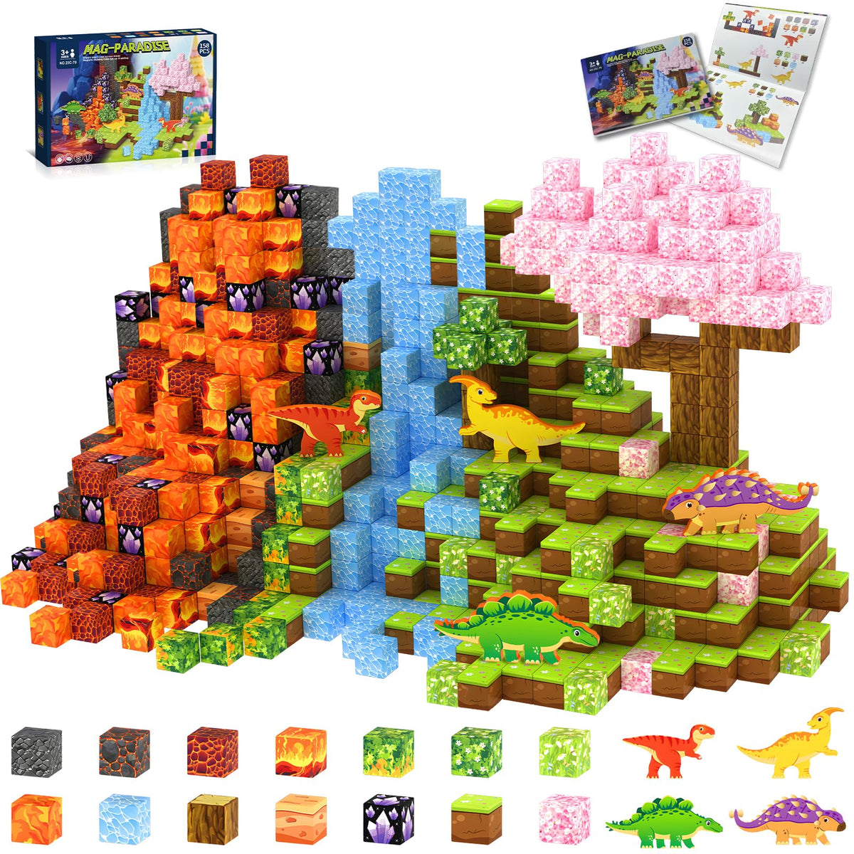 Huaker 158-piece magnetic blocks create a dinosaur world for imaginative play.