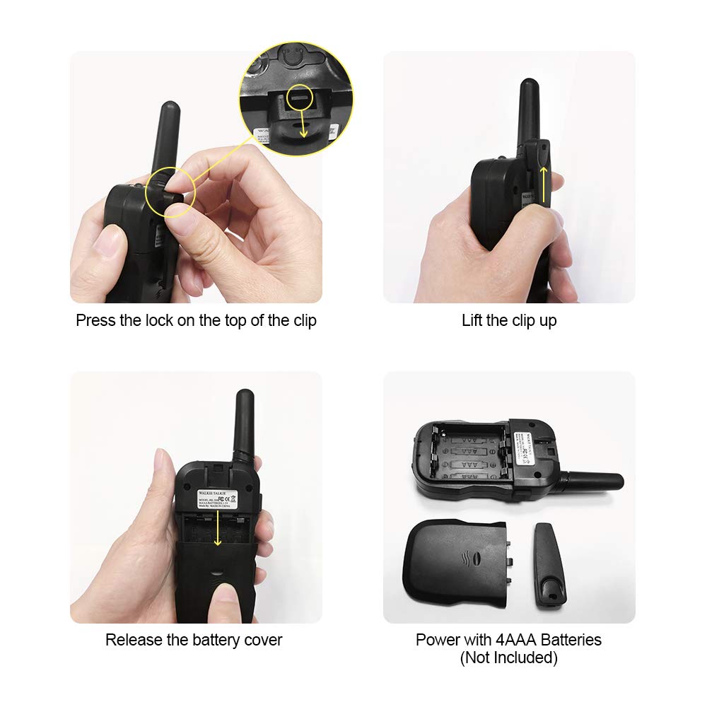 Huaker Kids Walkie Talkies flashlight activation image for nighttime play and safety during camping.