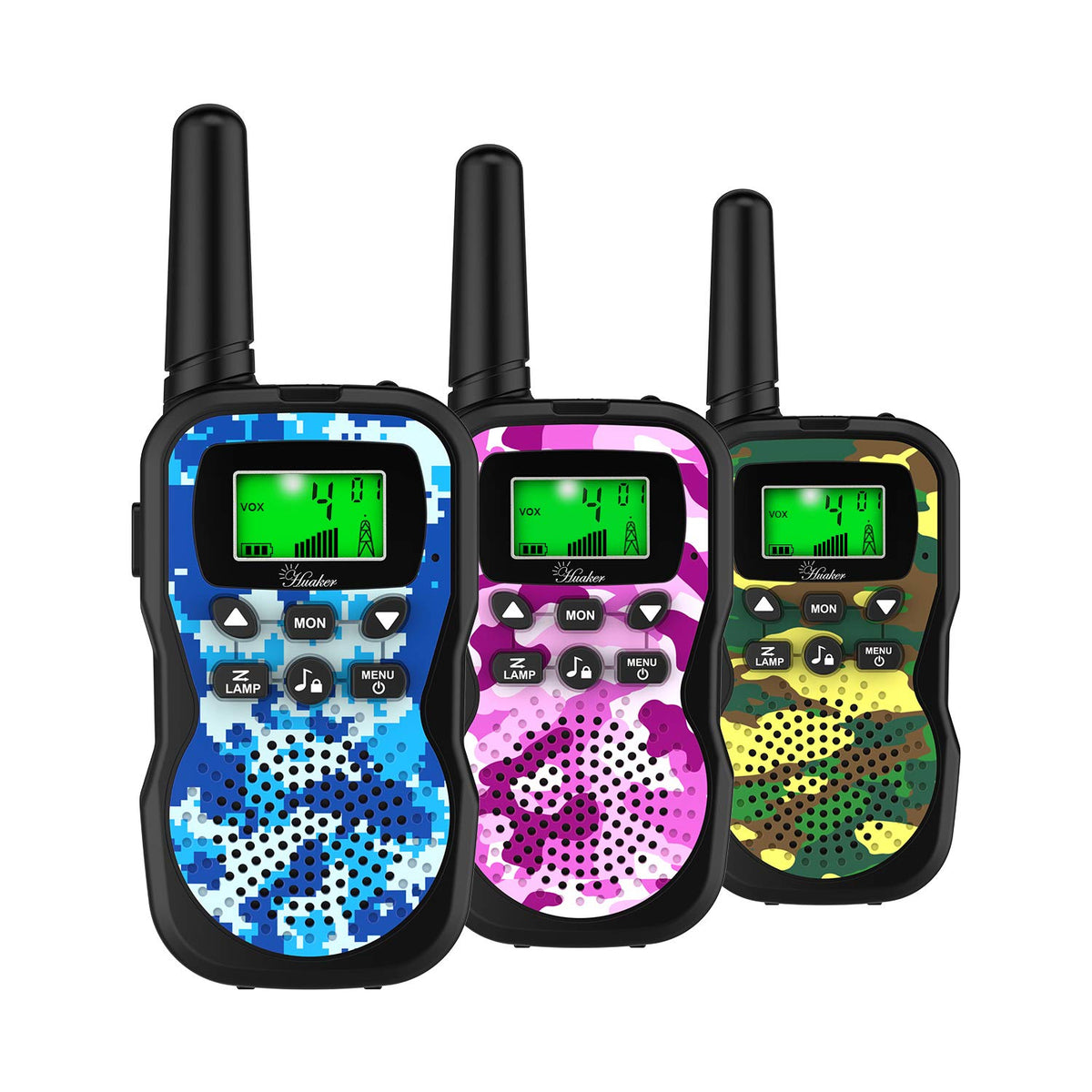 Huaker Kids Walkie Talkies front view showing compact, kid-friendly design for easy play.