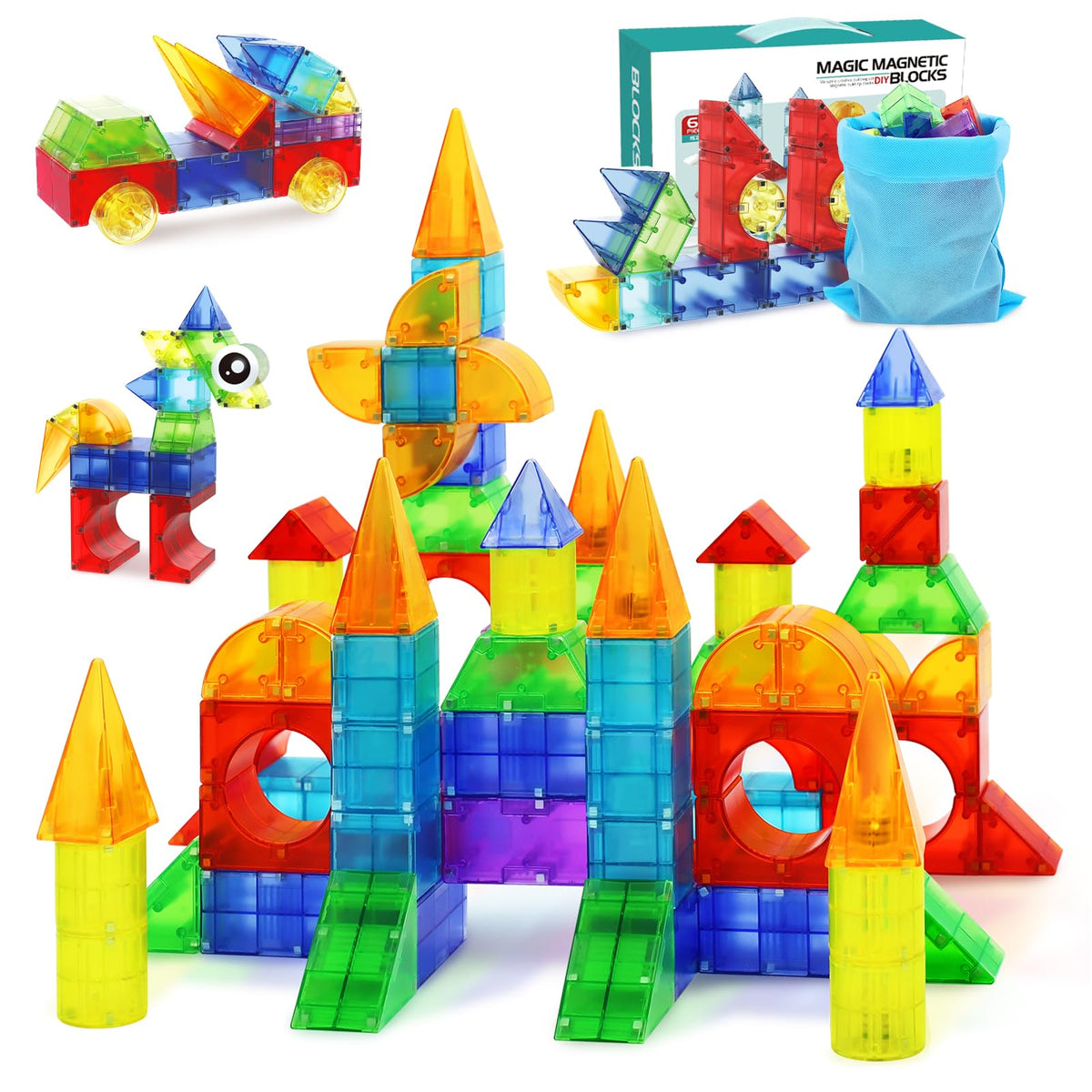 Huaker 66-piece magnetic blocks set with translucent pieces for hands-on STEM play