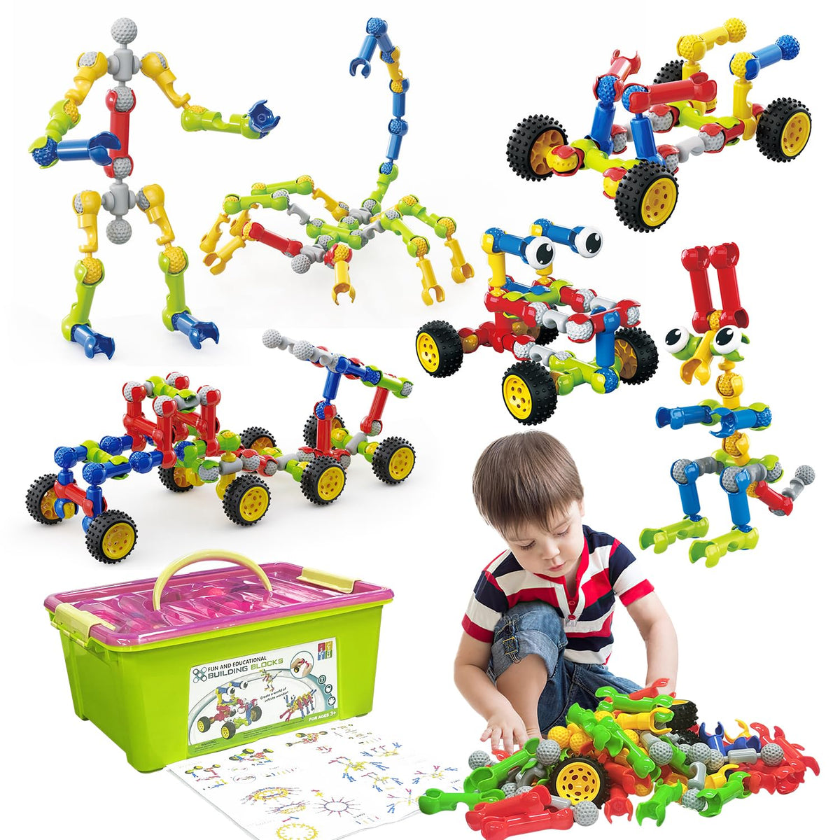 Huaker stem building toys with storage box for easy cleanup and organized play