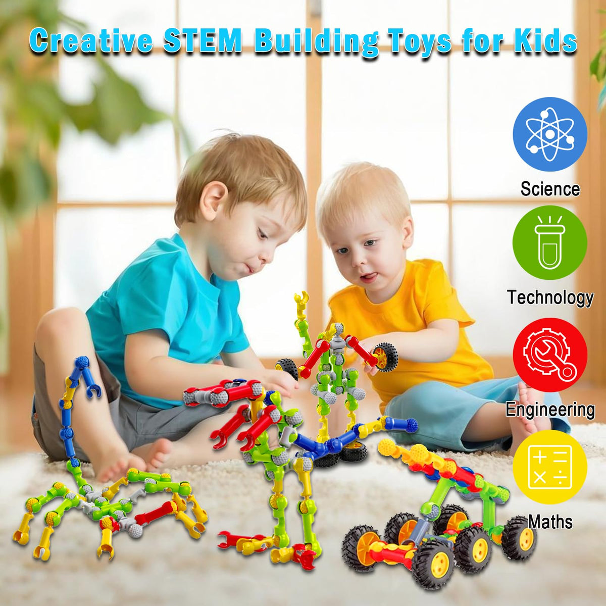 Huaker STEM set with colorful pieces sparks creativity and early engineering skills.