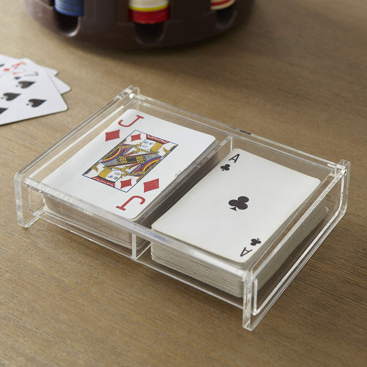 Huang Acrylic Twin Deck Case highlights crystal-clear visibility for easy deck selection.