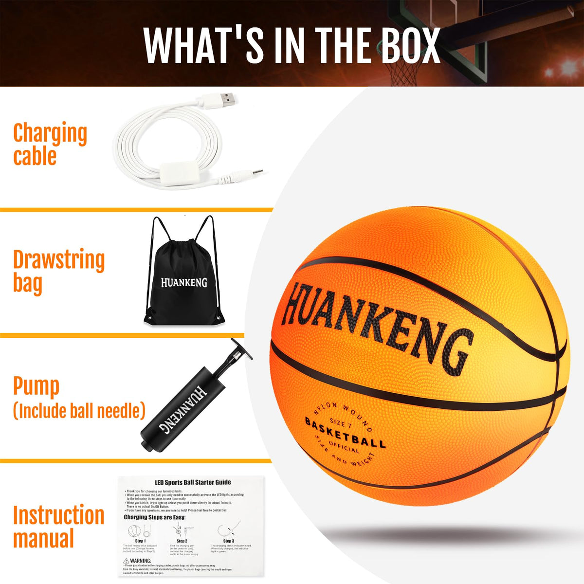HuanKeng durable glow basketball designed for outdoor use with waterproof charging port
