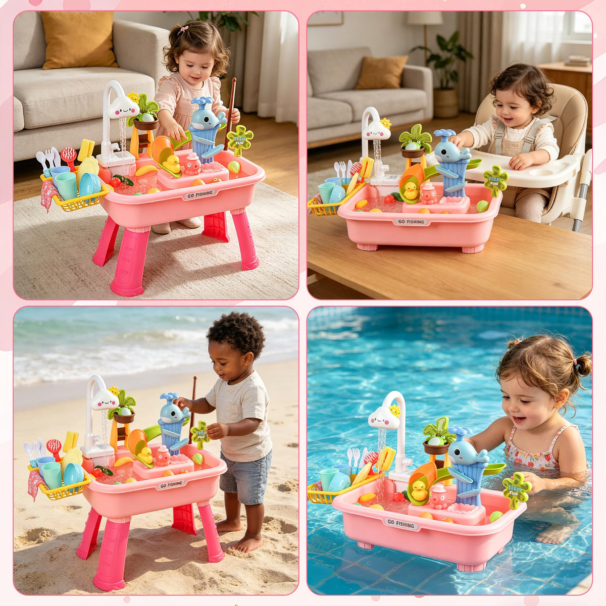 HUASHILUO water table faucet provides hands-on pouring fun and easy cleanup.