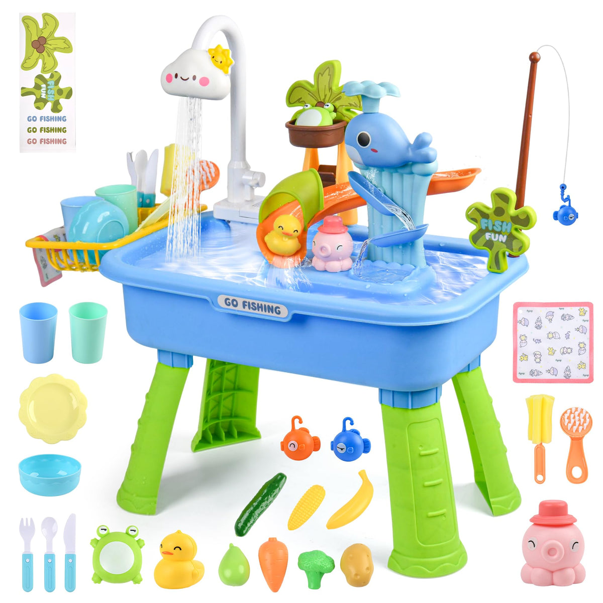 HUASHILUO water table with electric pump for toddlers enables interactive outdoors play.