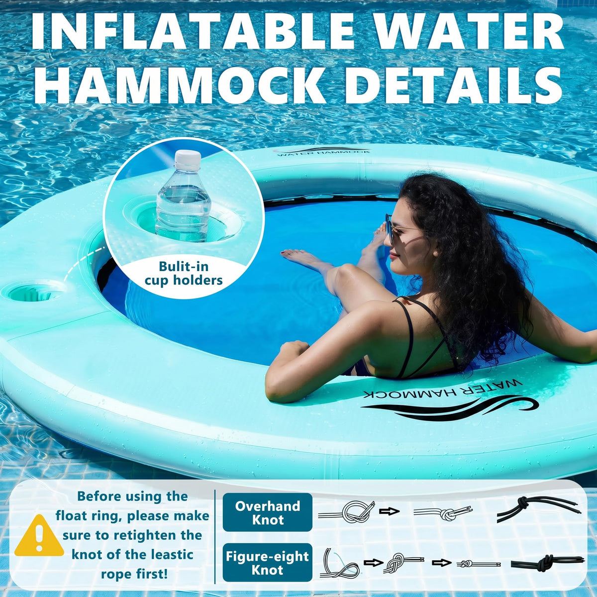 Huatean Home SunChill Float Ring in-water demonstration shows 600 lb capacity.