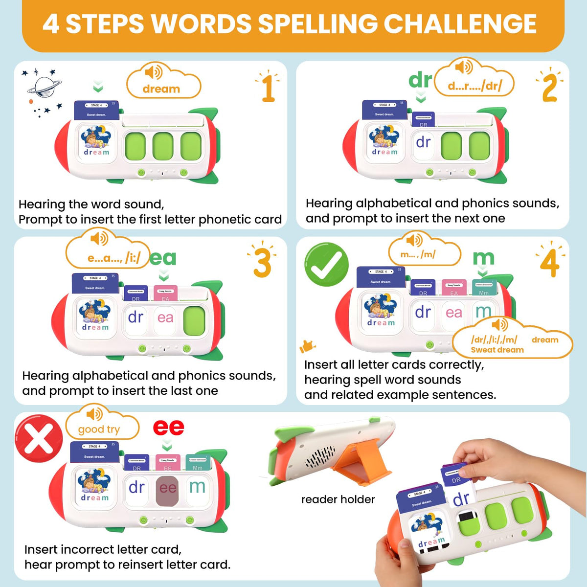 HUBFIVY phonics audio pronunciation feature demonstrates clear sounds during practice.