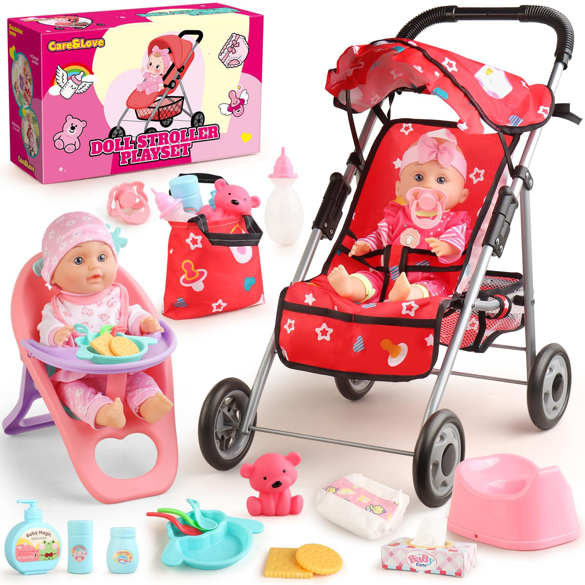 HuceePlay 12.5-inch doll stroller with canopy for imaginative play.