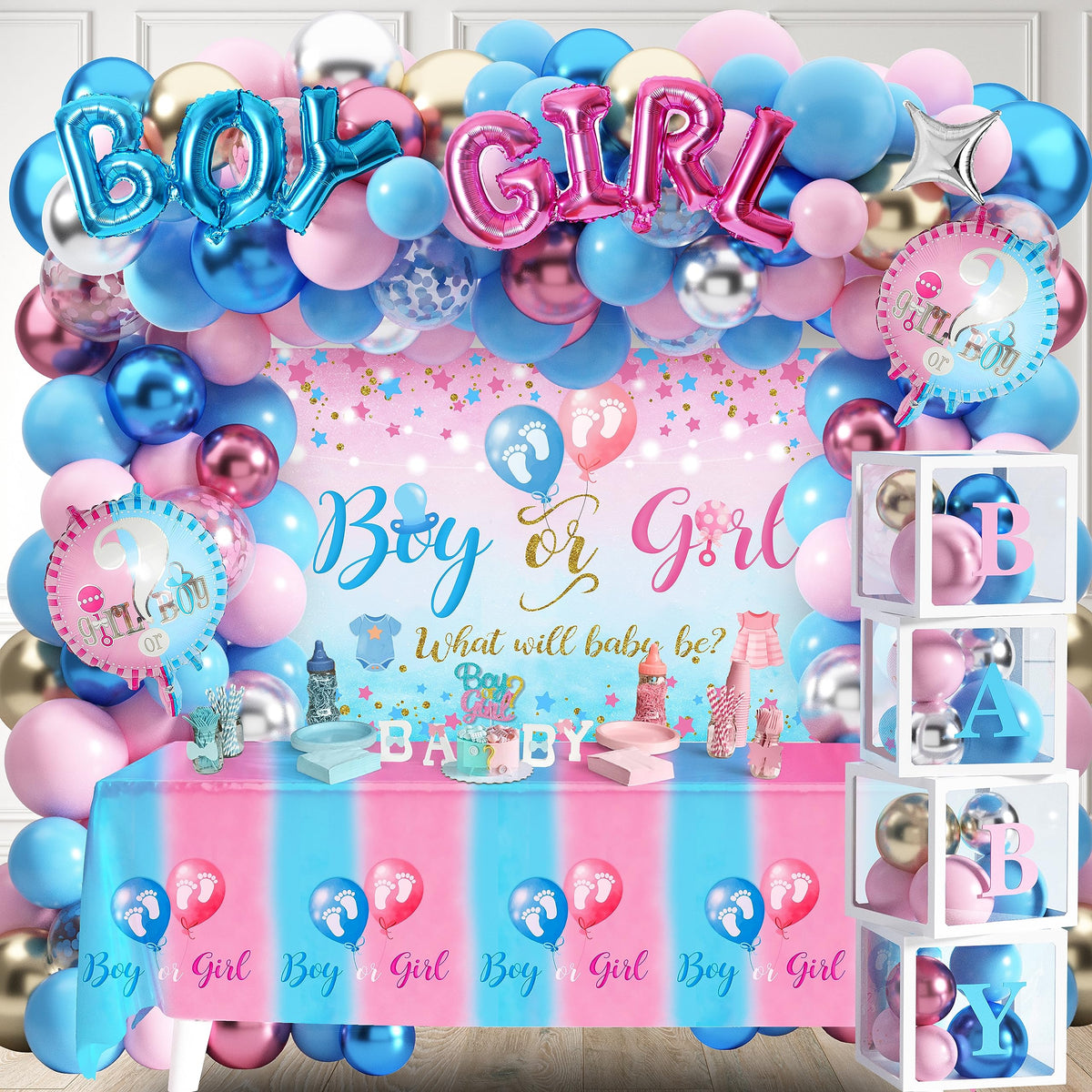 HUFAND balloon boxes with letters spell baby for reveal moments.
