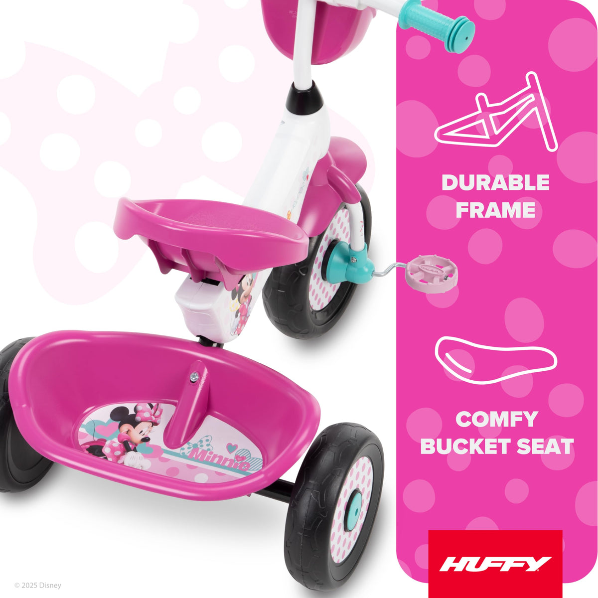 Huffy Minnie Mouse trike storage basket view ideal for snacks or toys.