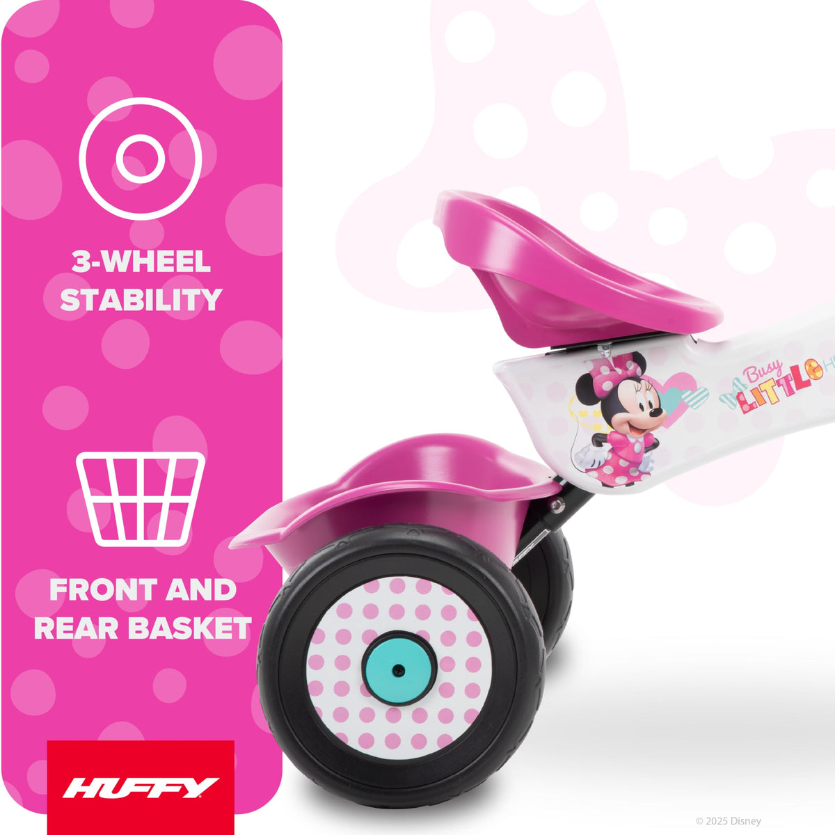 Huffy Minnie Mouse trike handlebar bow highlights playful design and grip.