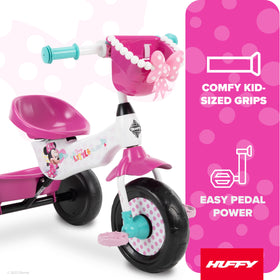 Huffy Minnie Mouse trike side view shows sturdy frame for balance.