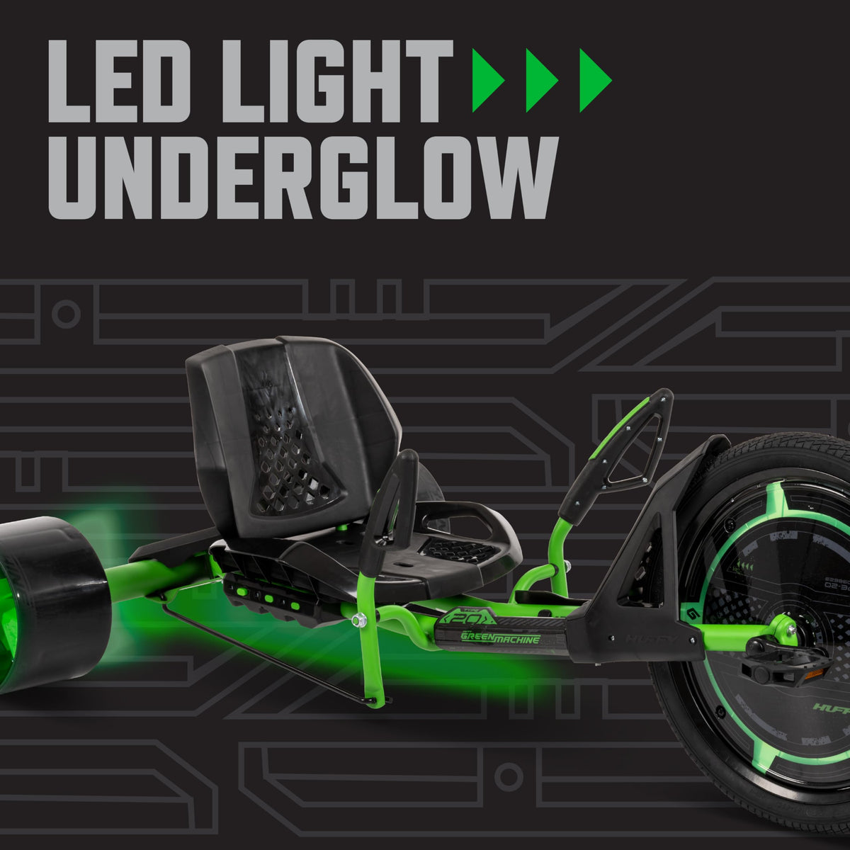 Huffy Green Machine dual steering system enabling controlled spins and drifts.