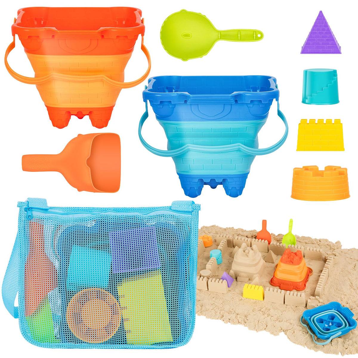 HUGCATY foldable beach buckets, easy storage for travel-ready play.