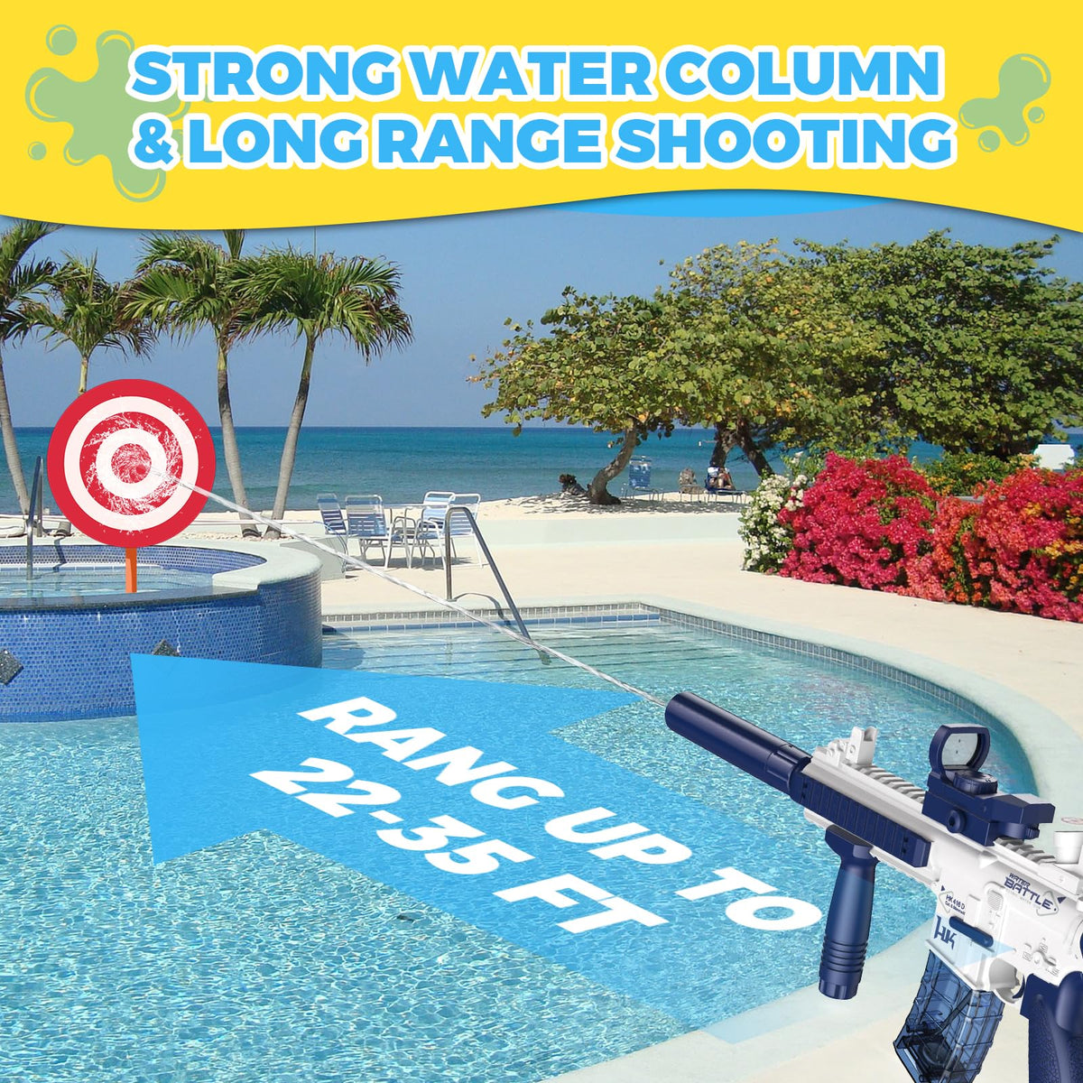 Kids and adults enjoy a sunny beach or pool with the water gun.