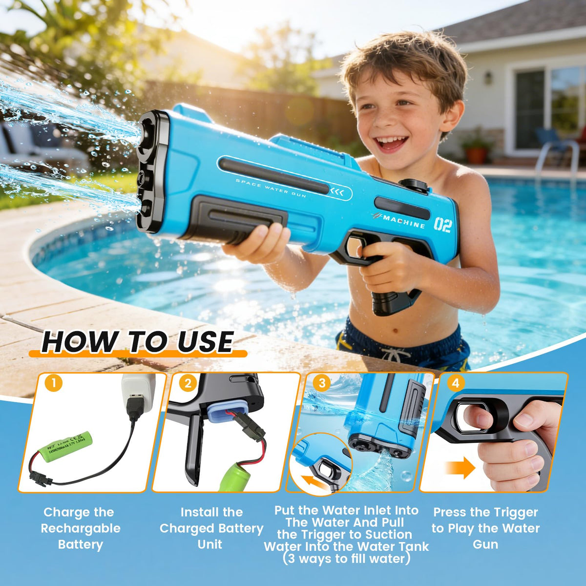 Hugeway water gun with two batteries and expandable tank enables longer play.