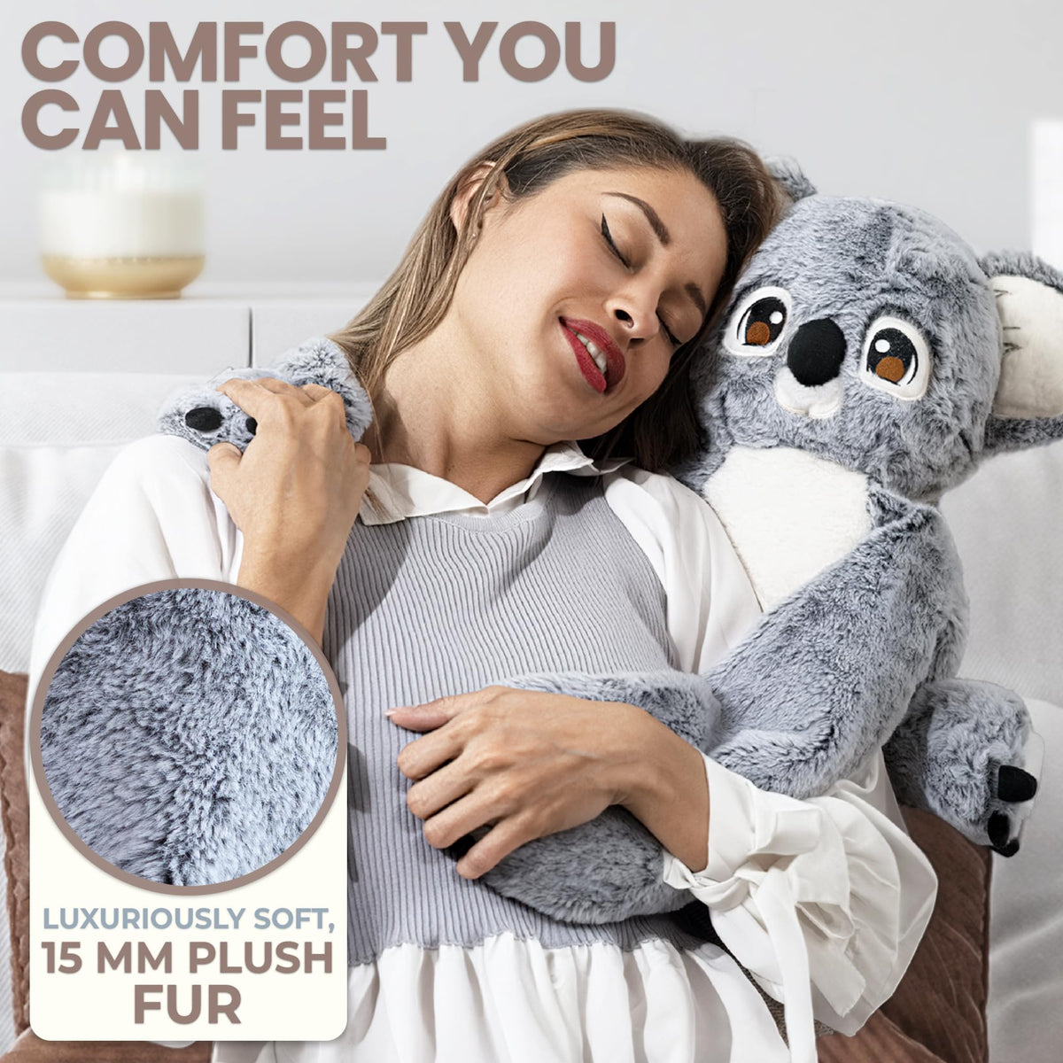 Weighted plush Noa rests on laps for a soothing, secure hug.
