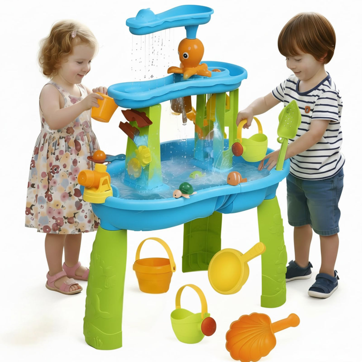 Hugut 3-tier water table top view with cascading levels encouraging exploratory play.