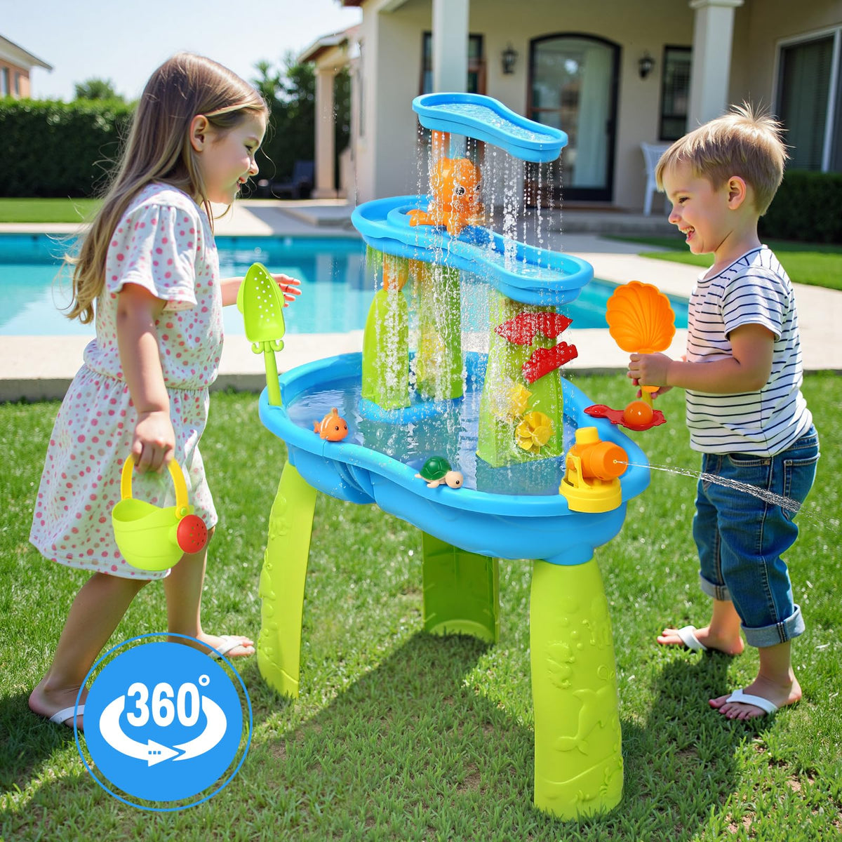 Hugut 3-tier water table waterfall action demonstrates dynamic water play outdoors.