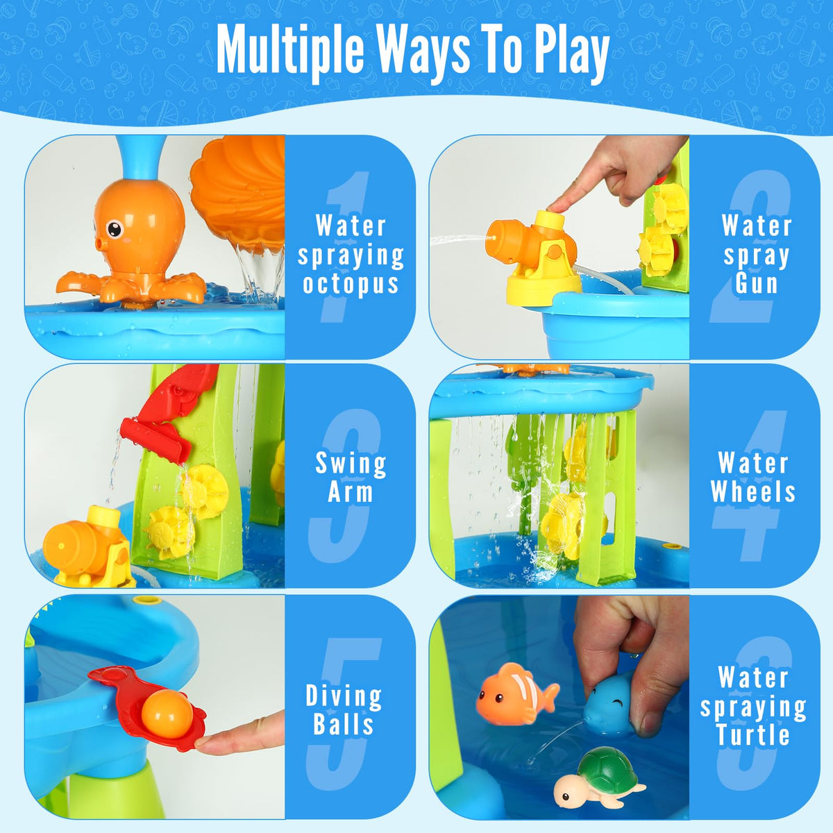 Hugut water table with molds and tools supports creative sand and water building.