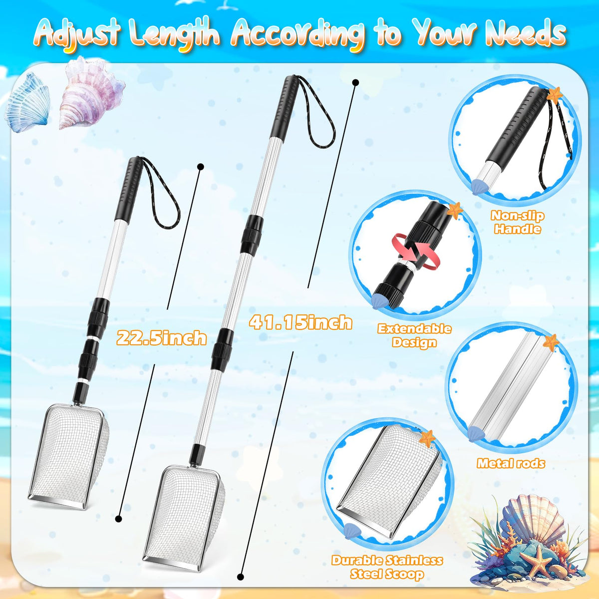 HUITEM adjustable shark tooth sifter handle extending for comfortable reach at the beach.