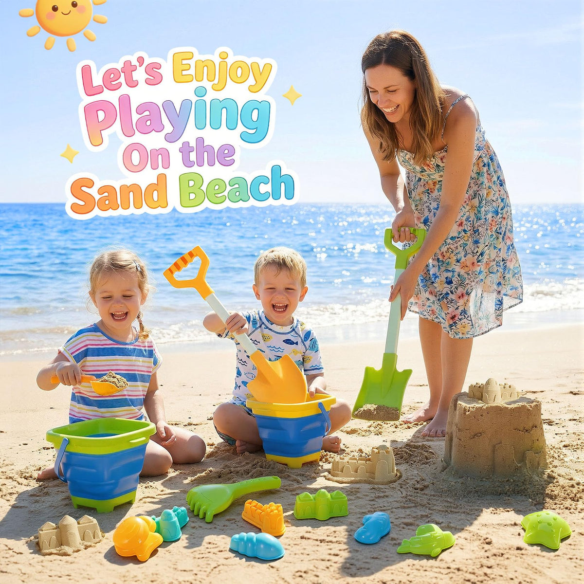 HUITEM collapsible beach bucket in use for easy transport and storage.