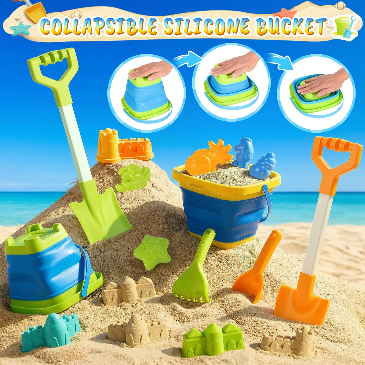 HUITEM ocean molds set enabling vibrant underwater-inspired sand creations.