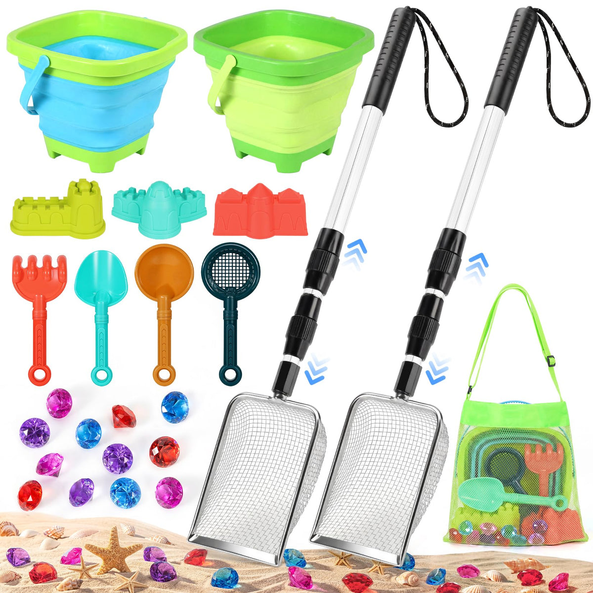 HUITEM beach sand toys set with 25 pieces and adjustable shark tooth sifter for treasure hunting.