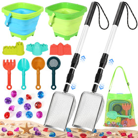 HUITEM beach sand toys set with 25 pieces and adjustable shark tooth sifter for treasure hunting.