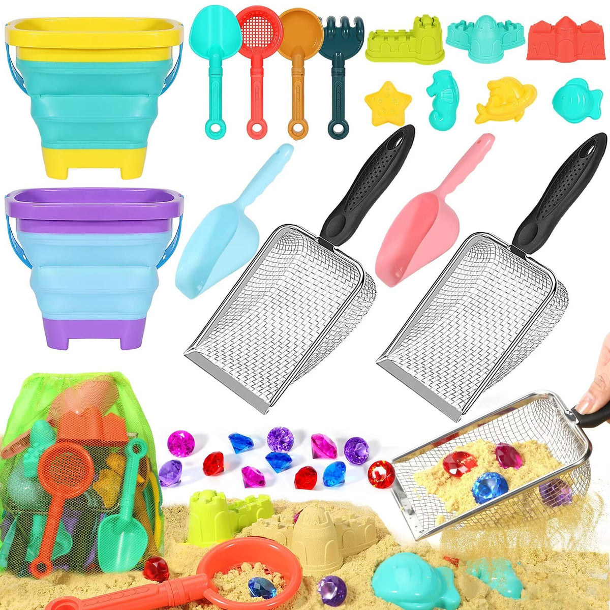 HUITEM beach sand toys set with collapsible buckets for easy transport and storage.