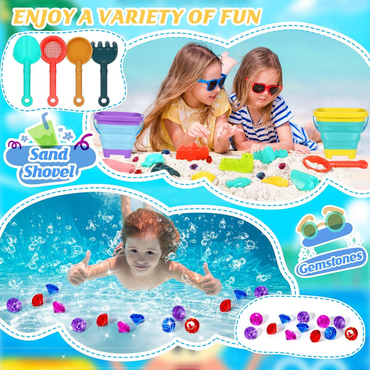HUITEM collapsible beach buckets in action, ideal for quick mold making and carrying sand.