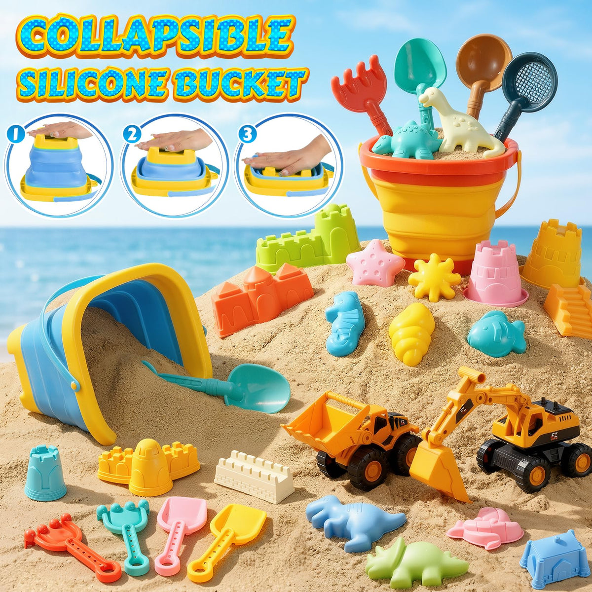 HUITEM collapsible beach buckets for easy carry and quick sand storage