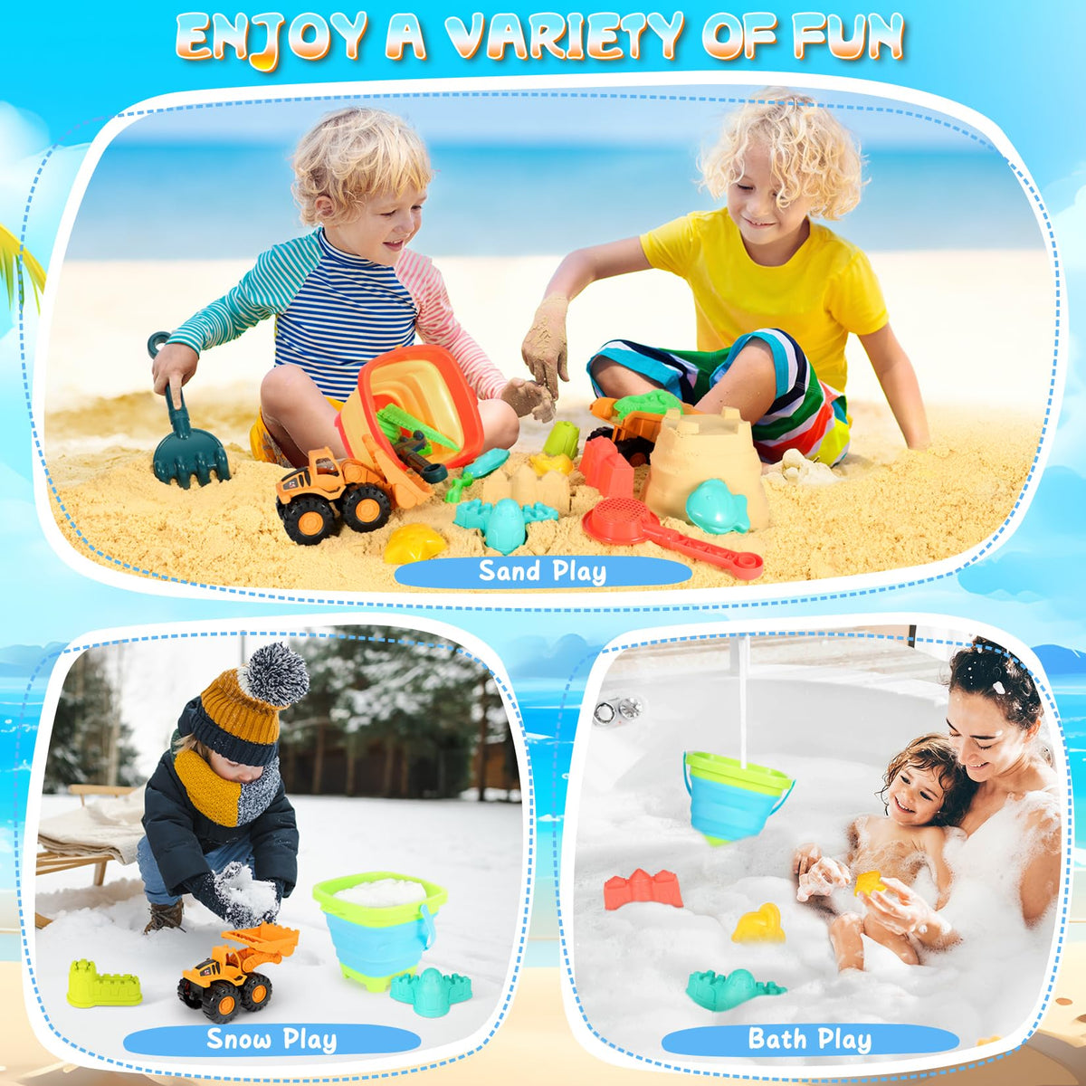 HUITEM sand-castle-molds-3pc helps create varied castle designs.
