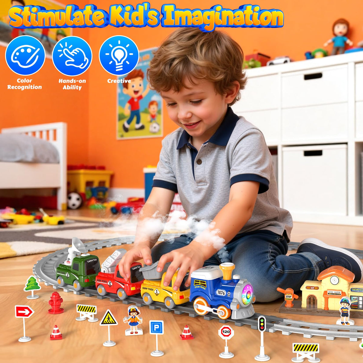 HUITEM train set fire truck sparks rescue role-play and imaginative scenarios