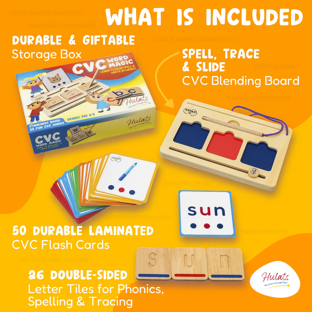 Hulats CVC Word Magic laminated flash cards designed for durable daily use